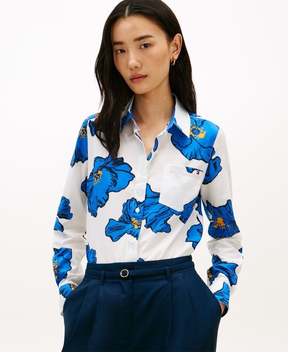 Tommy Hilfiger Women's Printed Button-Front Roll-Tab Shirt Multi Size M 3864
